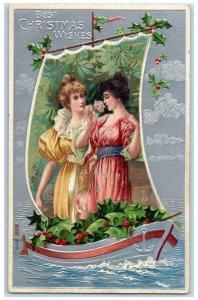 c1910's Christmas Pretty Woman Boat Holly Berries Embossed Antique Postcard