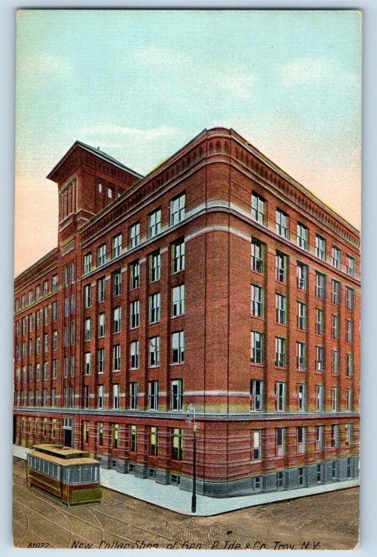 Troy New York Postcard New Collar Shop Gen Ide Co Exterior View Streetcar 1910