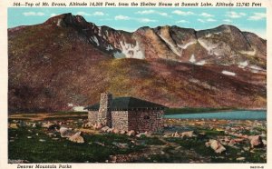 Vintage Postcard 1920's Top of Mt. Evans Shelter House at Summit Lake Denver CO