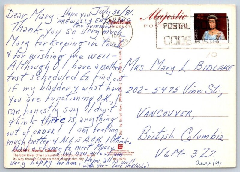 Bow River, Skyline, Calgary, Alberta, 1991 Chrome Postcard, Slogan Cancel