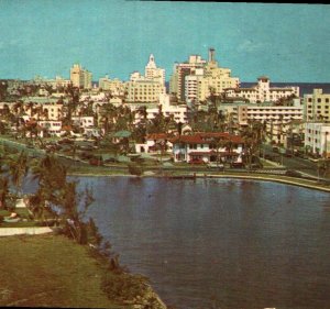 Postcard Florida Miami Beach Aerial View of City and Pancoast Lake Chrome Era