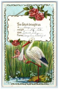 1912 Stork Delivering Baby Flowers Embossed Chicago Illinois IL Antique Postcard