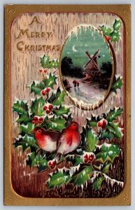 A Merry Christmas, Birds On Holly, Winter Scene, Windmill, Antique Postcard