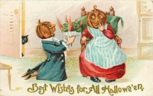 Gottschalk Halloween Postcard 2040 Pumpkin Man on Knees Proposes to Pumpkin Girl