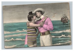 Vintage 1900's Hand Tinted Postcard Couple Kissing on Beach Ship Waves NICE