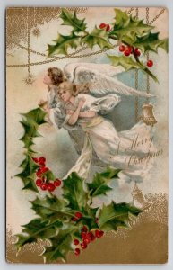 Christmas Beautiful Floating Angels Bells and Hollyberry Postcard U26