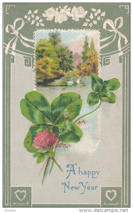 A Happy New Year, Spring Scene, Swans, Shamrocks, pink flower, white roses, w...