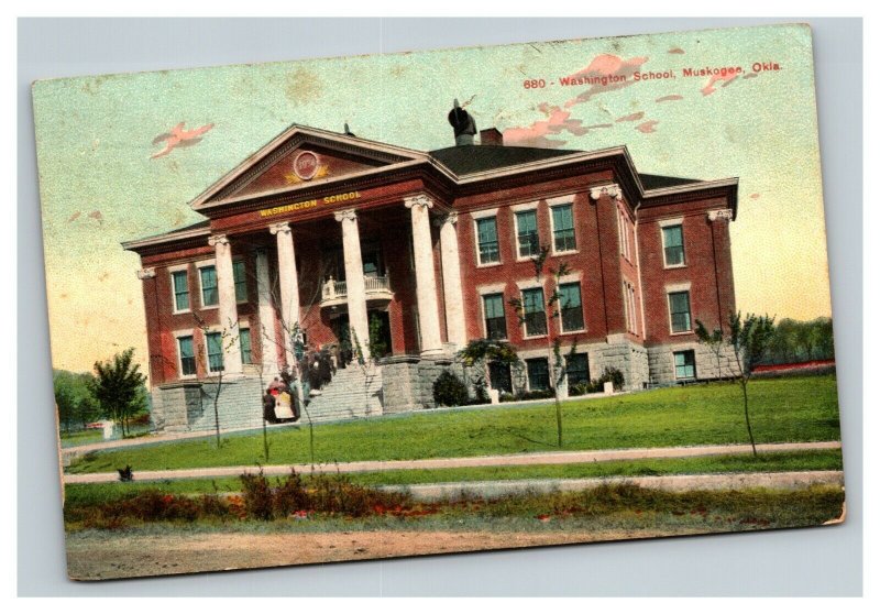 Vintage 1912 Colorized Photo Postcard Washington School Muskogee Oklahoma