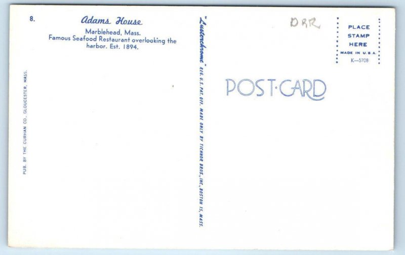 MARBLEHEAD, MA Massachusetts~ Roadside ADAMS HOUSE RESTAURANT c1950s  Postcard