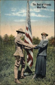 WWI American Flag Between Soldier and Woman Patriotic Vintage Postcard