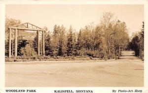 E35/ Kalispell Montana Mt Real Photo RPPC Postcard c40s Woodland Park Sign