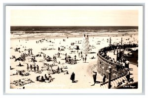 RPPC Crowded Beach Lifeguard Stand Summer Seaside OR Boyer Photo Postcard F21