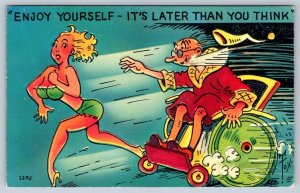 Enjoy Yourself It's Later Than You Think! Old Man Bikini Blonde Vintage Postcard