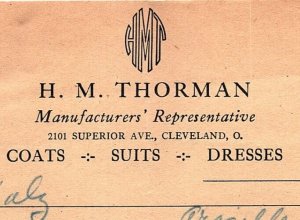 1937 H.M. THORMAN COATS SUITS DRESSES CLEVELAND OHIO BILLHEAD INVOICE Z615