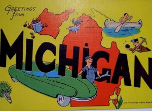 Greetings From Michigan Large Big Letter Postcard Linen Old Car Boat EC Kropp
