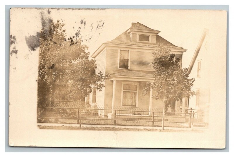 Vintage 1911 RPPC Postcard - Large Suburban Home Iron Fence - Nice