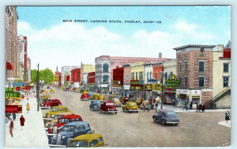 FINDLAY, Ohio OH ~ MAIN STREET Scene c1940s Hancock County Linen Postcard