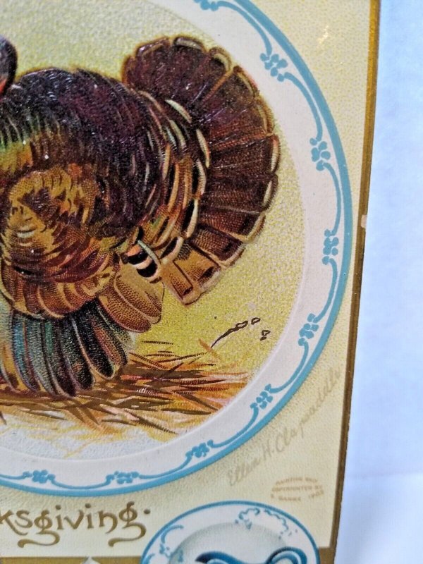 Thanksgiving Postcard Ellen Clapsaddle Turkey Flow Blue China Cups Plates Teapot