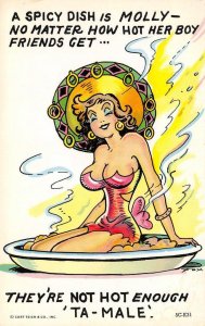 Spicy Dish Molly Risque Comic Tamale Brunette Sombrero c1950s Vintage Postcard
