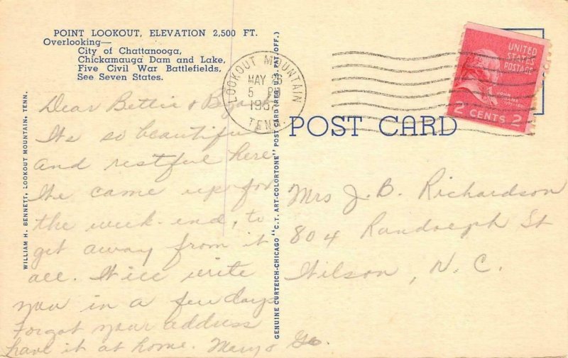 POINT LOOKOUT Lookout Mountain, TN Large Letter Linen 1952 Vintage Postcard