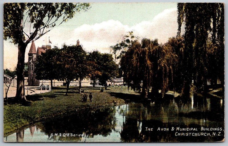 Christchurch New Zealand 1907 Postcard The Avon & Municipal Buildings