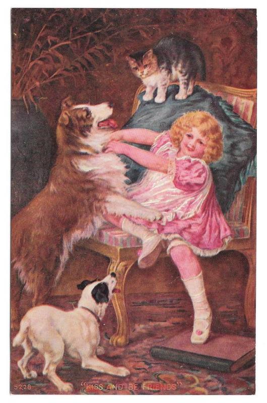 Kiss and Be Friends Vintage Postcard Girl with Dogs and cat