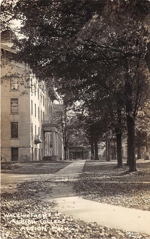 Albion Michigan~Walkway in Front of Albion College~Bicycle on Bldg~c1910 RPPC