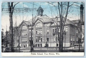 Two Rivers Wisconsin WI Postcard Public School Building Exterior View Trees 1916