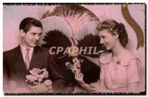 Couple smiling with flower- Smiling couple with flowers -Carte Old Post