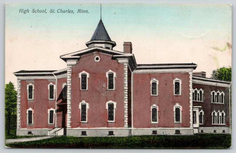 St Charles MN~Handcolored Tiny Round Window~Quoins~Cupola on High School 1908
