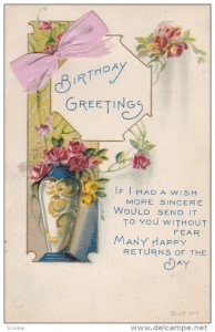 Birthday Greetings, Pink Bow attachment, Roses in Vase, Poem, 00-10s