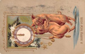 New Year Greetings Pigs Dancing Clock at Midnight Vintage Postcard AA71687