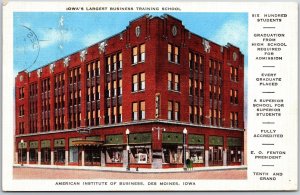 1936 Iowa'sLargest Business Training School Des Moines Iowa IA Posted Postcard