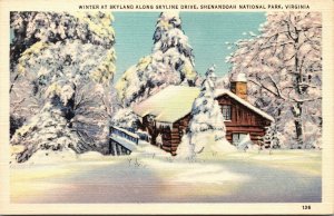 Vtg Bungalow Cabin Winter At Skyland Resort Shenandoah National Park VA Postcard