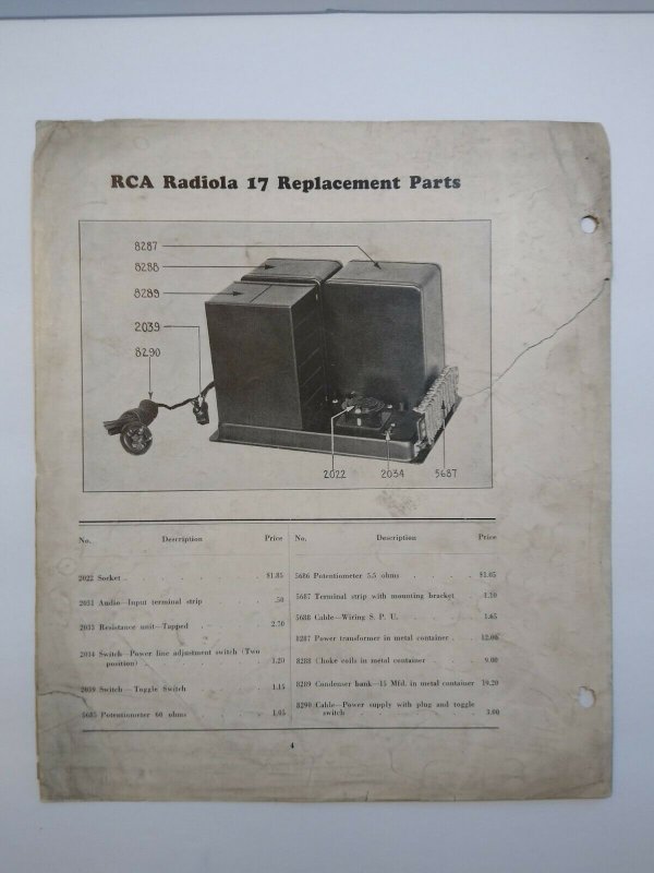 RCA Radiola 17 Replacement Parts Pamphlet 1927 Vintage Radio 4 Sided Ephemera