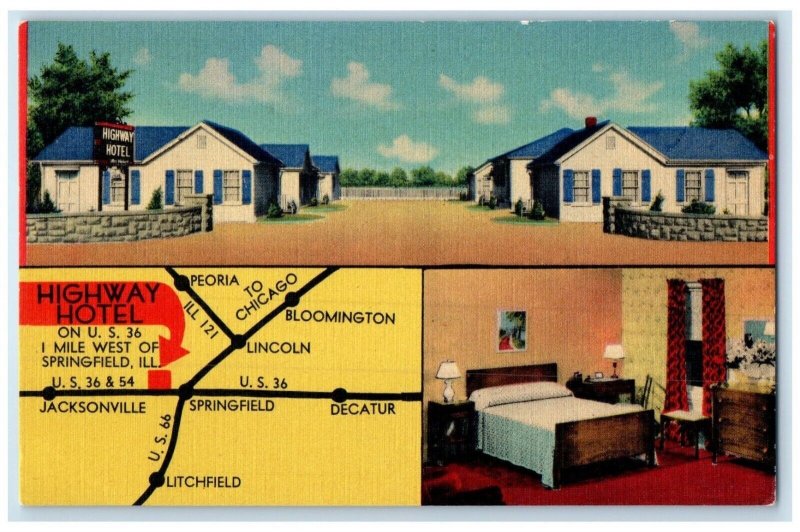 c1940 Highway Hotel Simmons Hotel Map Springfield Illinois IL Vintage Postcard