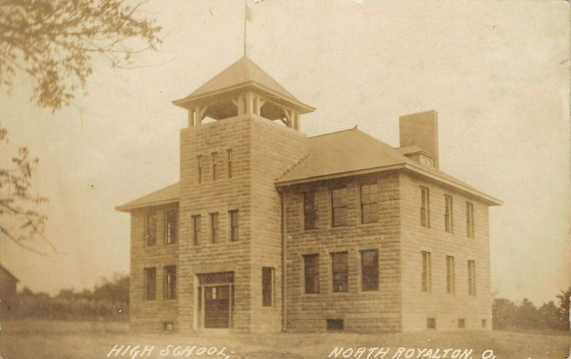 North Royalton Ohio~Flag Over Short Top Belltower on High School~RPPC 1909 PC 