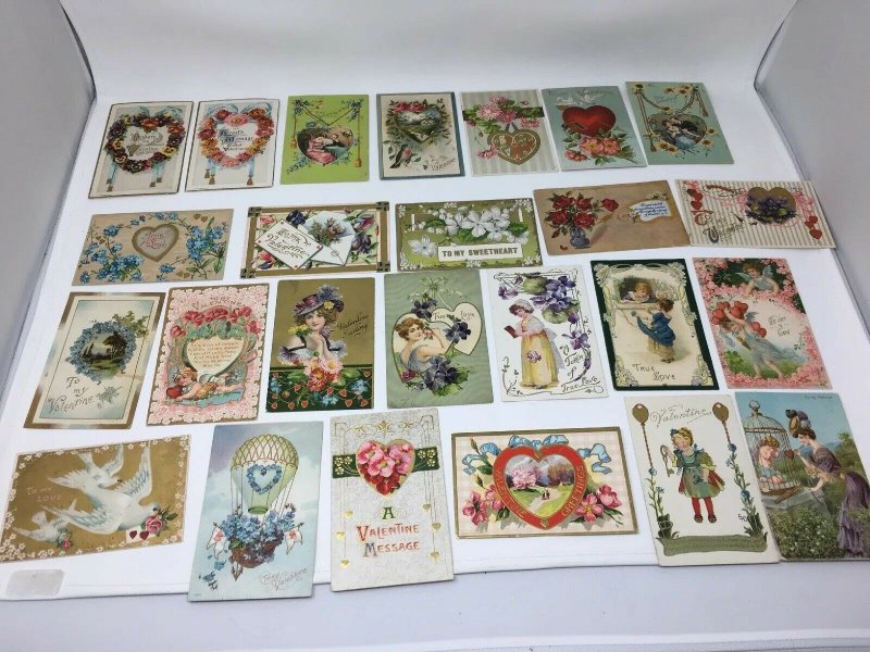 Valentine Postcard Lot of 25 Vintage Antique Mixed Cupid Hearts