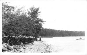 Indian River Michigan~Burt Lake~Boat Approaches Shore~1940s RPPC Postcard