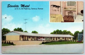 Roadside~Seneca Kansas~Starlite Motel Entrance & Room Scene~Vintage Postcard