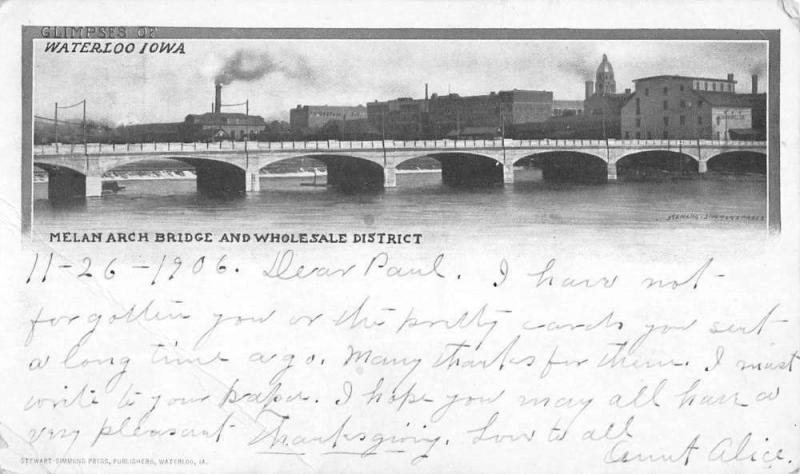 Waterloo Iowa Melan Arch Bridge Waterfront Antique Postcard K56408