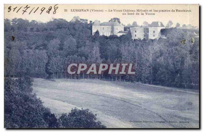 Old Postcard lusignan old castle Melusin Vauchiron and meadows along the Vonne