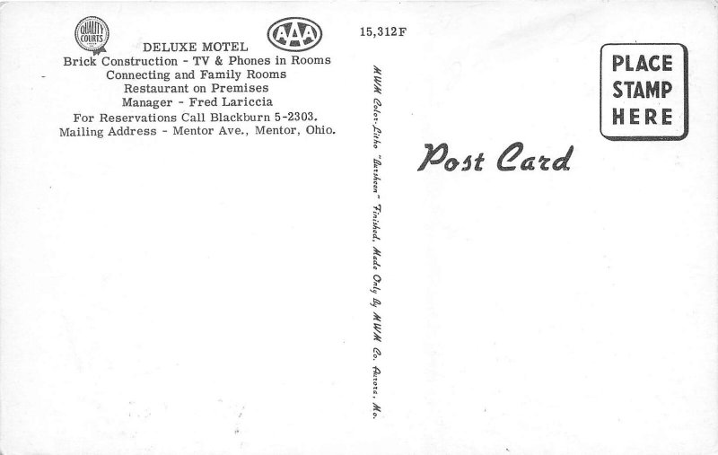 Mentor Ohio 1950s Postcard Deluxe Motel