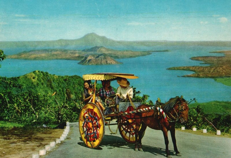 Vintage Postcard Calesa & Taal Volcano within Lake Island Ocean Philippines PH