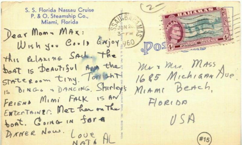 S.S. Florida Nassau Cruiser Steam ship houseboat Miami postcard Bahamas stamp