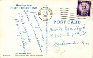 Greetings North Judson Indiana IND Cancel c1961 3c Liberty Stamp Vtg Postcard PM