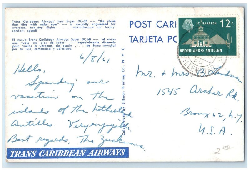 1961 Trans Caribbean Airways New Super DC-6B Curacao Vintage Posted Postcard