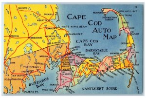 c1950's Cape Cod Auto Map Distance Boston Massachusetts Correspondence Postcard