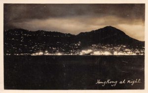 Kowloon Hong Kong Harbor View at Night Real Photo Vintage Postcard AA65860