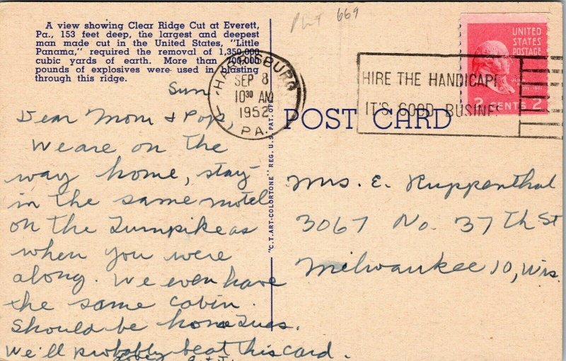 Deepest Cut Little Panama Pennsylvania Turnpike Linen Postcard Cancel PM Ridge 